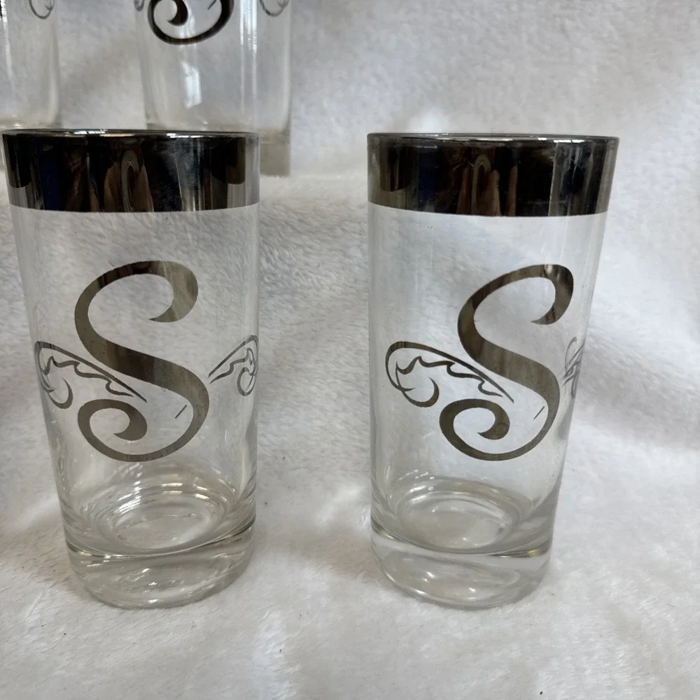 Set of 6‎ Vintage Monogrammed S Highball Glasses Silver Rimmed Barware